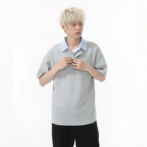 Load image into Gallery viewer, Men's Short Sleeve T-shirts Korean Simple Splicing Lapel Fake Two-piece Fashion Loose Male Clothing Pullover Top 9W1584
