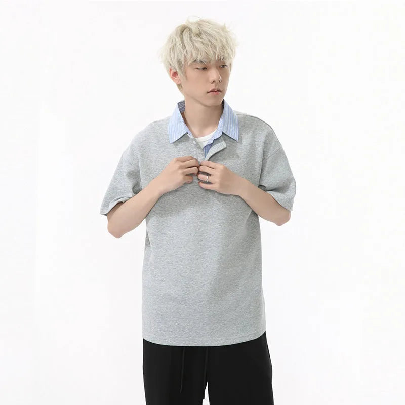 Men's Short Sleeve T-shirts Korean Simple Splicing Lapel Fake Two-piece Fashion Loose Male Clothing Pullover Top 9W1584