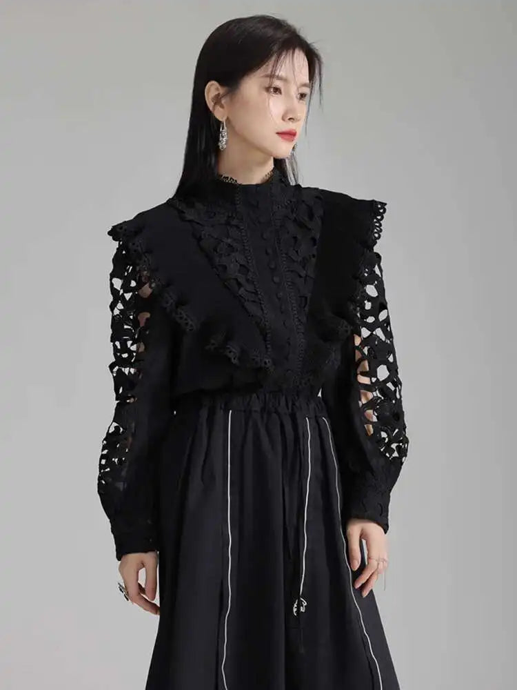 Women White Hollow Out Embroidery Vintage Blouse New Stand Collar Long Sleeve Shirt Fashion Spring Autumn 2025 1DH3997