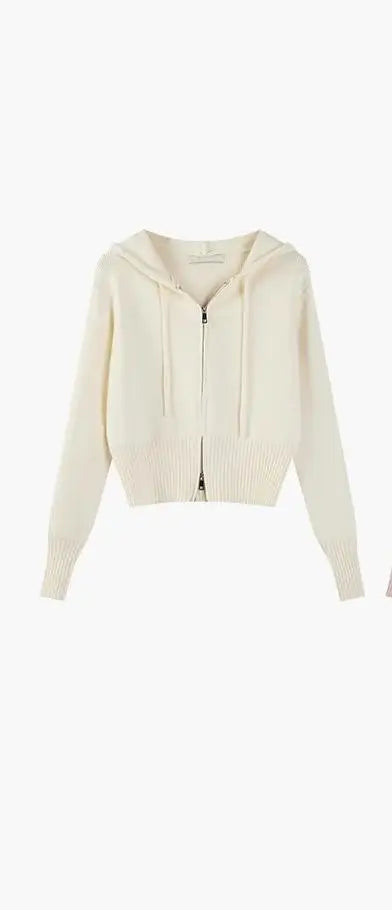 Korean Solid Hooded Double Zipper Cardigan Sweater Women Autumn Winter Long Sleeve Vacation Knitwear Tops Simplicity Streetwear