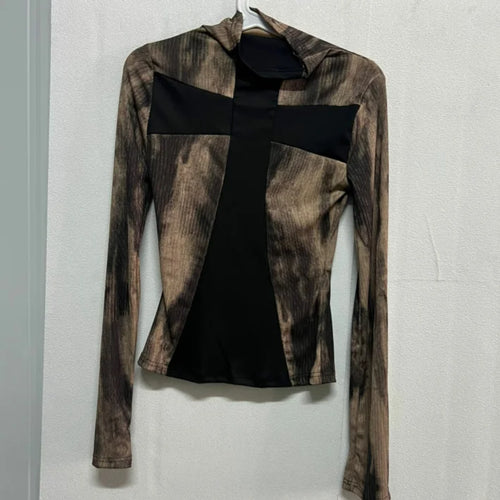 Load image into Gallery viewer, Y2k Aesthetic Cross Patchwork Shirts Femme Harajuku Grunge Half High Collar Women's T-shirt Streetwear Casual Tie-dye Tees
