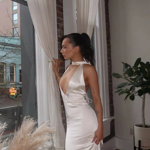 Load image into Gallery viewer, Sexy Sleeveless Satin Open Back Dress For Women Deep V Lace Up Slim Fit Evening Dress Female Elegant Party Club Vestidos
