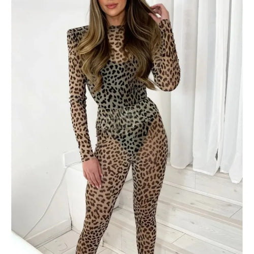 Load image into Gallery viewer, Sexy Elastic Tight Long Sleeved Leopard Print Long Pants Two-piece Set Women Slim Party Nightclub 2025 Spring New Set
