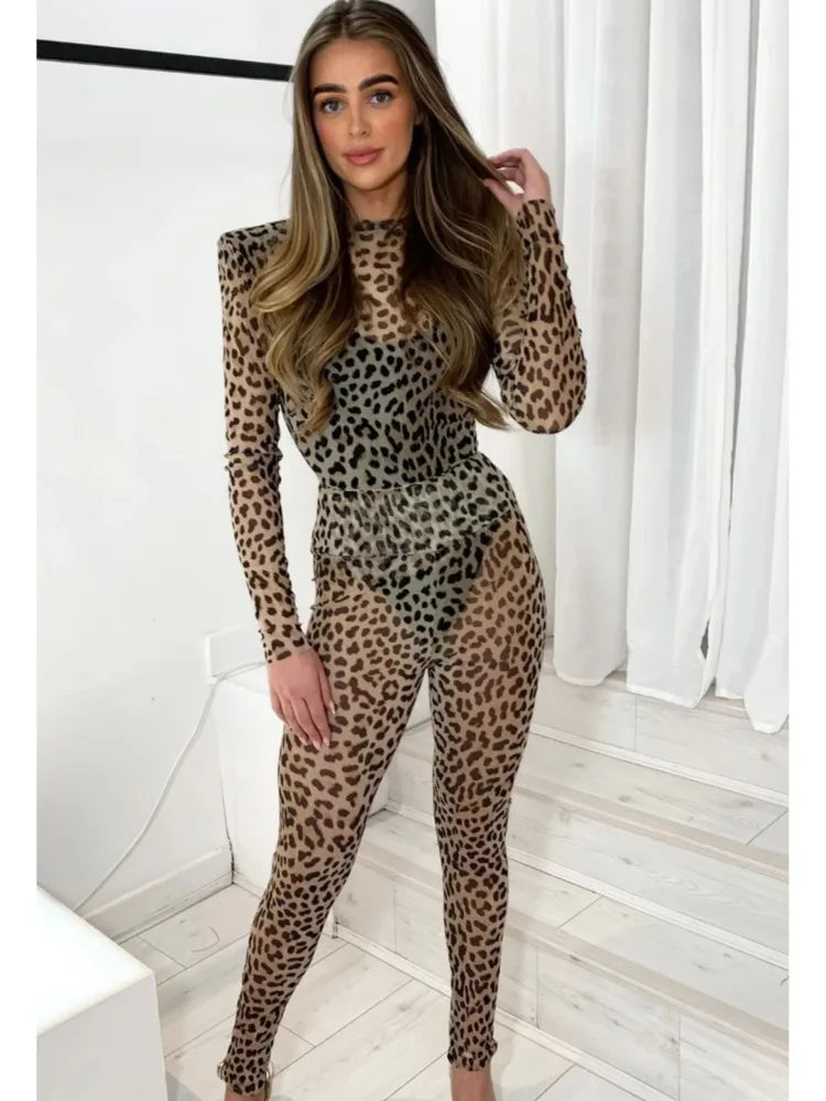 Sexy Elastic Tight Long Sleeved Leopard Print Long Pants Two-piece Set Women Slim Party Nightclub 2025 Spring New Set