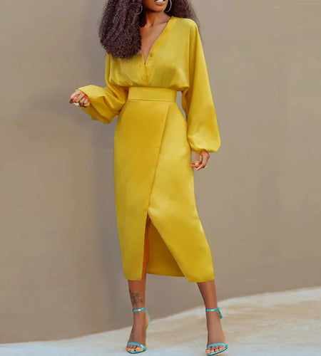 2 Pieces Skirts Bottoms Set for Woman 2025 Autumn Spring Yellow Long Sleeves Tops Split-Front 2 Piece Sets Woman Outfit