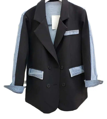 Women Blue Denim Color-block Big Size Blazer New Lapel Long Sleeve Loose Fit Jacket Fashion Spring Autumn 2025 1DH7741