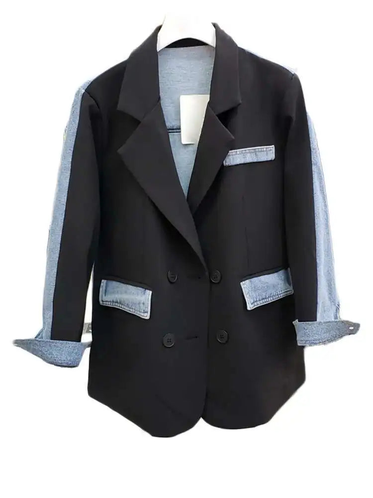 Women Blue Denim Color-block Big Size Blazer New Lapel Long Sleeve Loose Fit Jacket Fashion Spring Autumn 2025 1DH7741