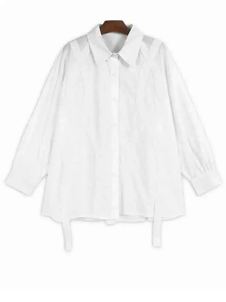 Women Black Cross Ribbon Big Size Casual Blouse New Lapel Long Sleeve Shirt Fashion Tide Spring Autumn 2025 1DH4579