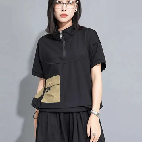 Load image into Gallery viewer, Women Yellow Pocket Drawstring Big Size T-shirt New Turtleneck Short Sleeve Fashion Tide Spring Summer 2025 1DJ0150
