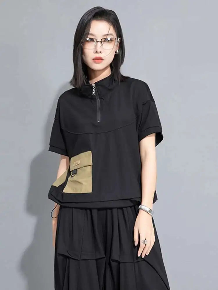 Women Yellow Pocket Drawstring Big Size T-shirt New Turtleneck Short Sleeve Fashion Tide Spring Summer 2025 1DJ0150