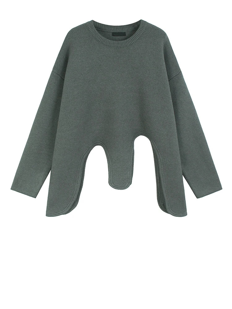 Gray Irregular Big Size Knitting Sweater Round Neck Long Sleeve Women Pullovers New Fashion Spring Autumn 2025 1DH9452