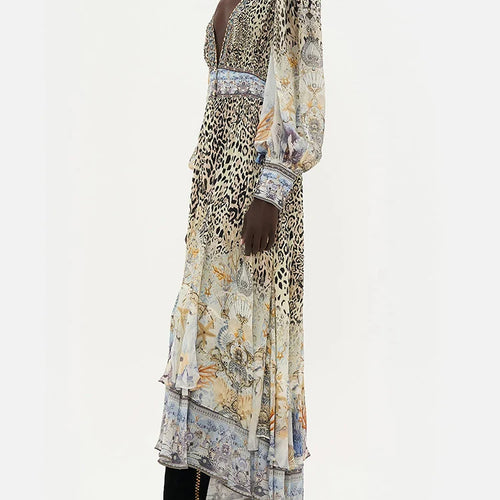 Load image into Gallery viewer, Vintage Leopard Dresses Female Deep V Neck Long Sleeve High Waist Spliced Ruffles Hem Slim Dress For Women Clothing Summer
