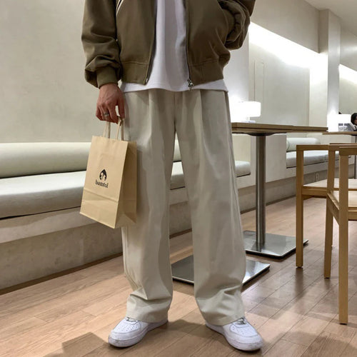 Load image into Gallery viewer, Korean Style Men&#39;s Casual Pants Solid Color Drawsting Elastic Waist Solid Color Trousers Straight Leg Male Bottom 9C9003
