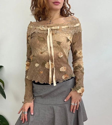 Fairycore Chic Y2K Autumn Tee Shirts Flowers Printed Vintage Lace Patchwork Graphic T shirt Female Aesthetic Bow Cute