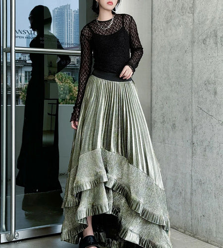 High Elastic Waist Black Irregular Pleated Elegant A-line Half-body Skirt Women Fashion New Spring Autumn 2025 1DJ0692