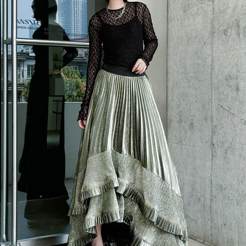 Load image into Gallery viewer, High Elastic Waist Black Irregular Pleated Elegant A-line Half-body Skirt Women Fashion New Spring Autumn 2025 1DJ0692
