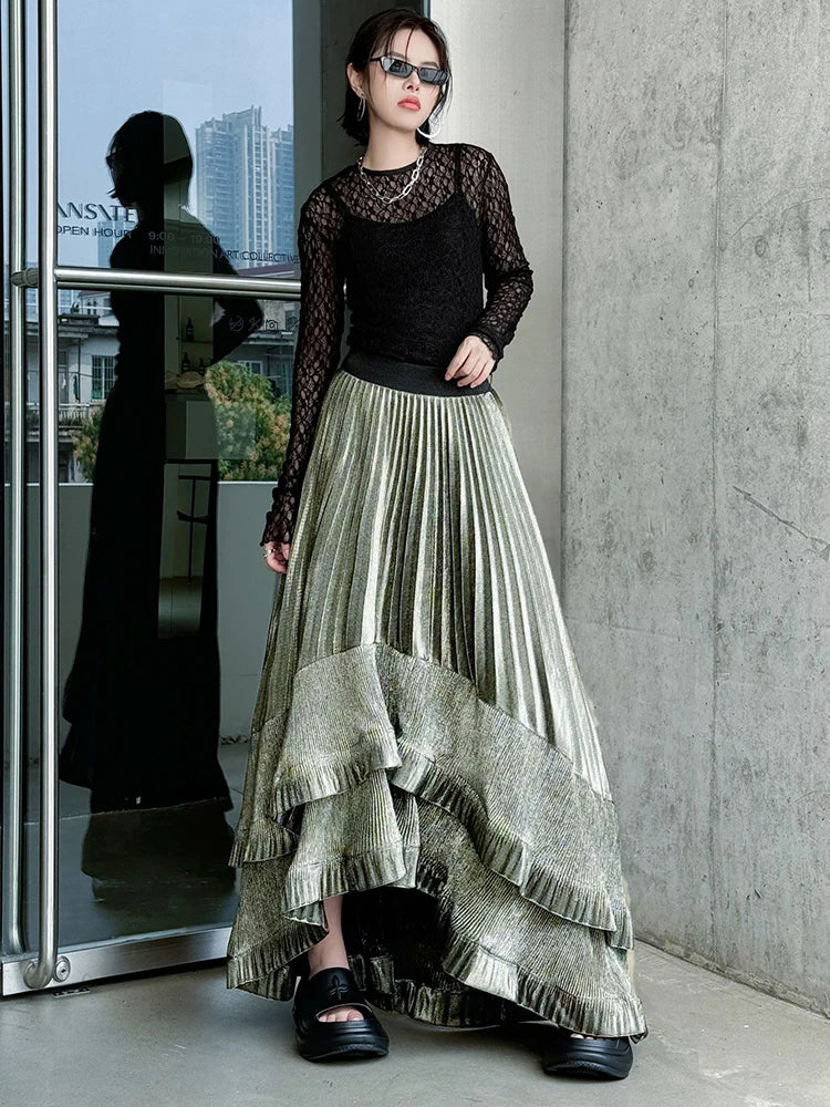 High Elastic Waist Black Irregular Pleated Elegant A-line Half-body Skirt Women Fashion New Spring Autumn 2025 1DJ0692