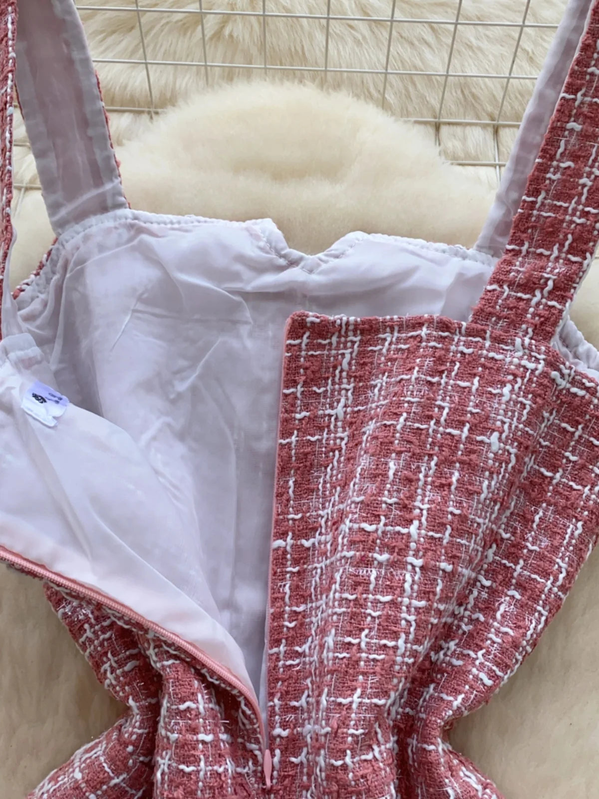 Retro 2024 Autumn Winter New Pink Plaid Woolen Sleeveless Mini Slip Dress Women's Black Button Elegant Short Tweed Dress Popular