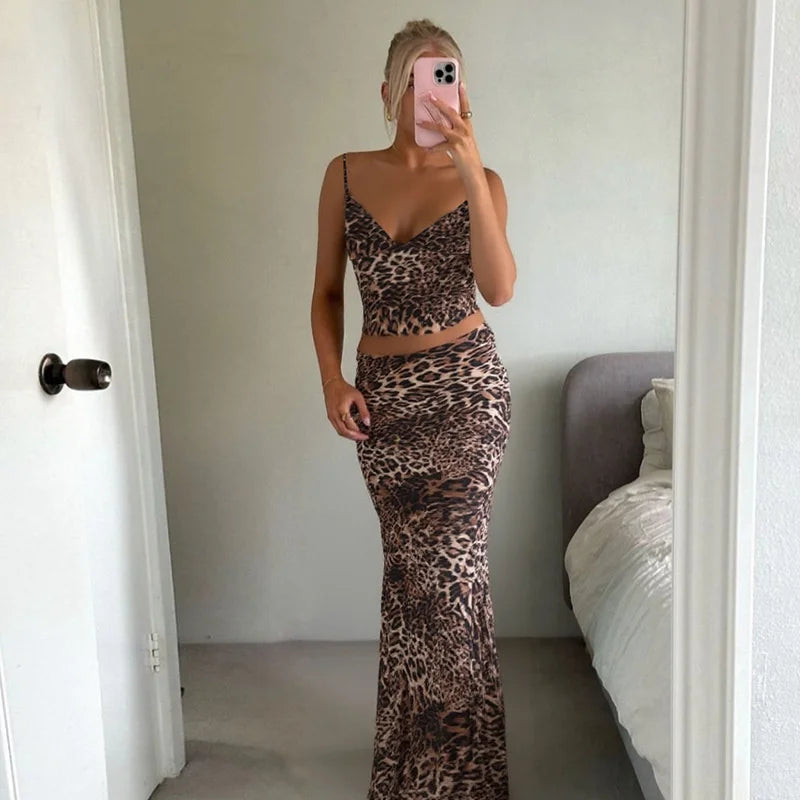 Print Sexy 2 Piece Sets Women Summer New V Neck Crop Tops And Maxi Skirt Female Elegant Club Party Slim Skirt Set