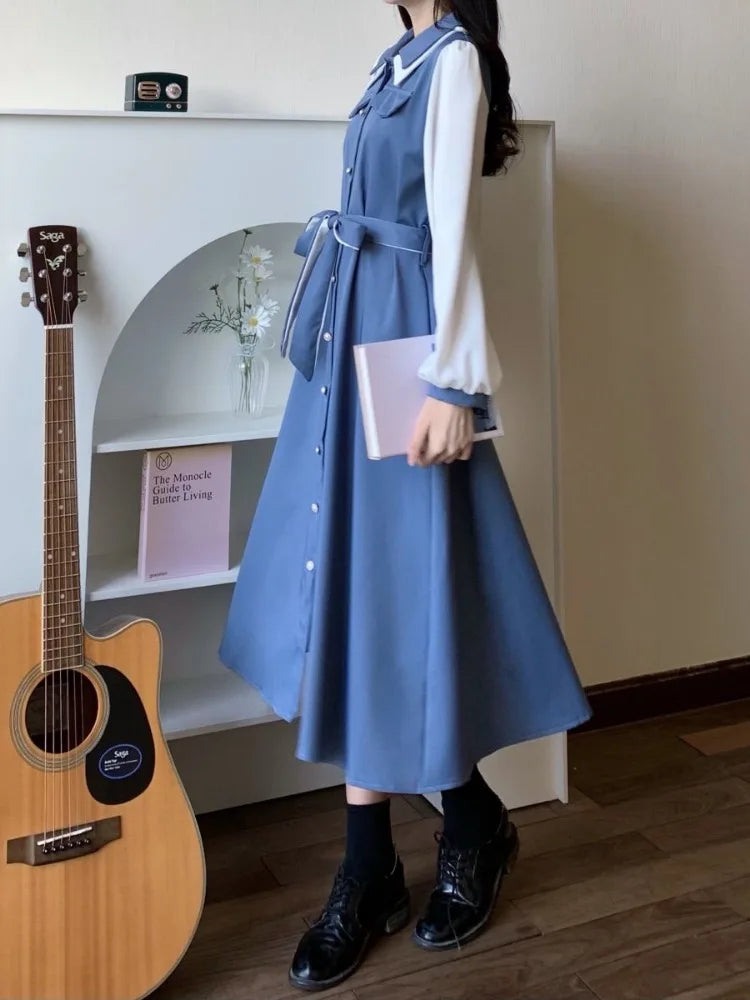 Japanese Preppy Style School Student Midi Dress Sweet Harajuku Korean Kpop Long Sleeve Dresses Party Vintage Autumn