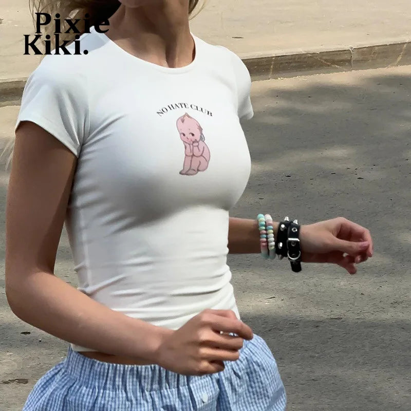 Funny Graphic Tshirts Women Summer Clothes 2024 Cutecore Baby Tee Y2k White Short Sleeve Crop Tops P85-AF12