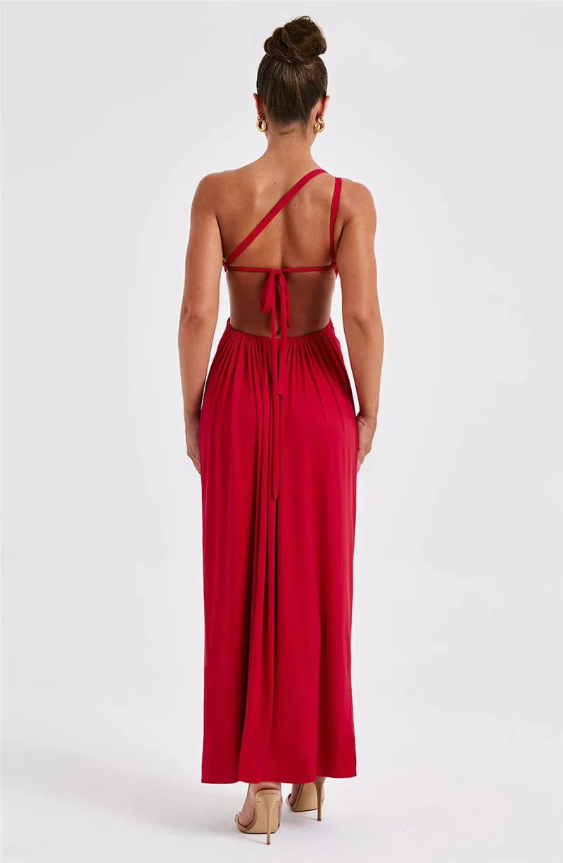 One Shoulder Diagonal Collar Backless Sexy Maxi Dress For Women Robe Fashion Off-shoulder Sleeveless High Split Dress