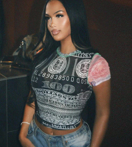 Sexy See Through Women Short Sleeve Crop Tops Skinny Elastic o-Neck Skinny Stretch Dollar Print Streetwear Hot Girls Tees