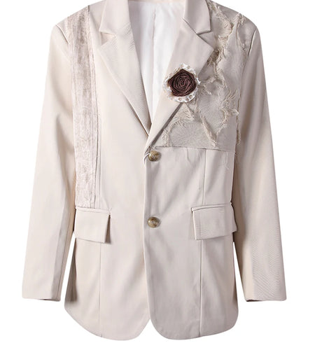 Women Beige Flower Lace Vintage Big Size Blazer New Lapel Long Sleeve Jacket Fashion Tide Spring Autumn 2025 CPG2871