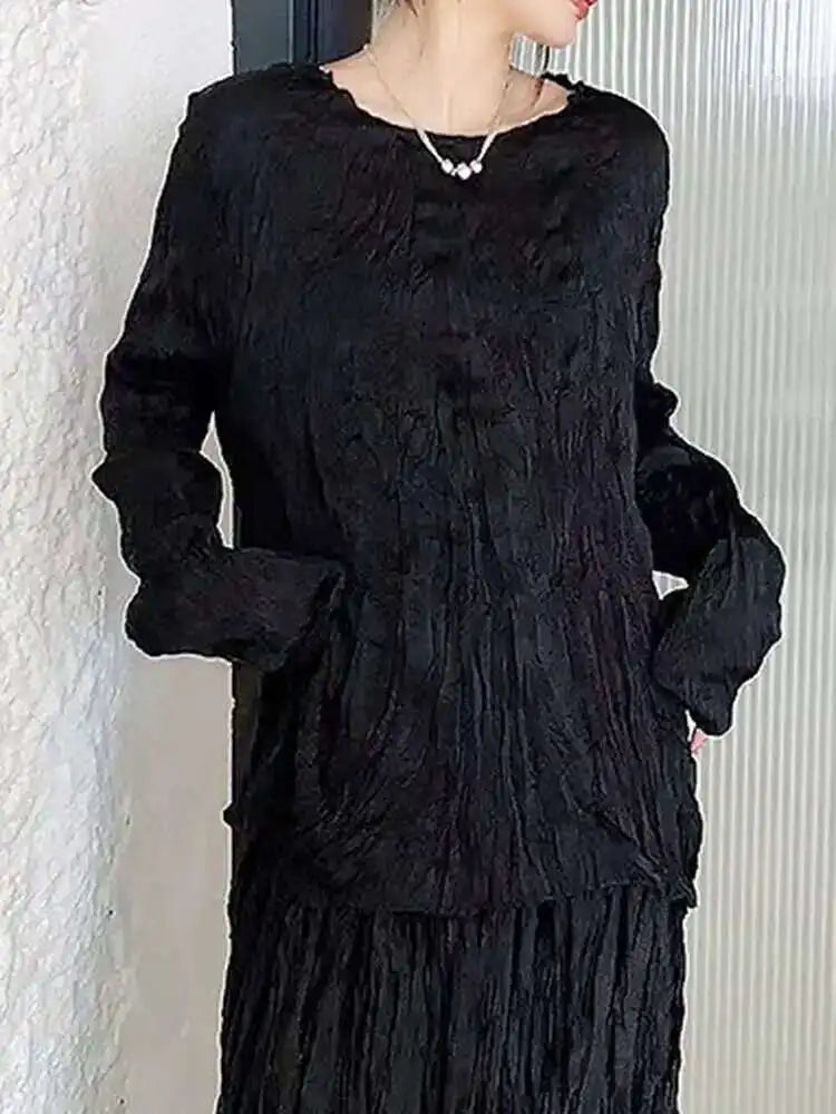 Women White Pleated Thin Big Size Casual T-shirt New Round Neck Long Sleeve Fashion Tide Spring Autumn 2025 1DH7229