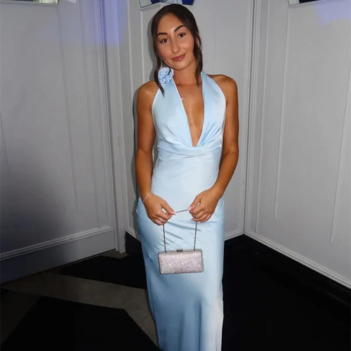 Load image into Gallery viewer, Satin Halter Backless Sexy Maxi Dress Women Gown Elegant Solid Sleeveless Lace-up High Waist Evening Club Long Dress
