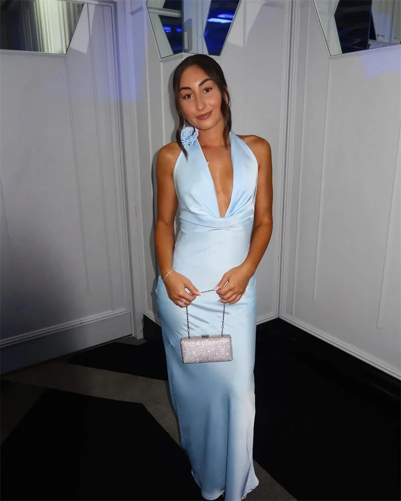 Satin Halter Backless Sexy Maxi Dress Women Gown Elegant Solid Sleeveless Lace-up High Waist Evening Club Long Dress