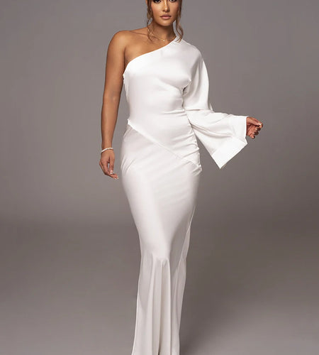 Elegant Long Sleeved Party Evening Dress for Women, Flared Sleeves, Single Shoulder Bodycon, Maxi Dress, Backless Gown