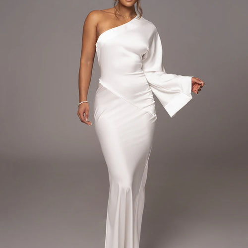 Load image into Gallery viewer, Elegant Long Sleeved Party Evening Dress for Women, Flared Sleeves, Single Shoulder Bodycon, Maxi Dress, Backless Gown
