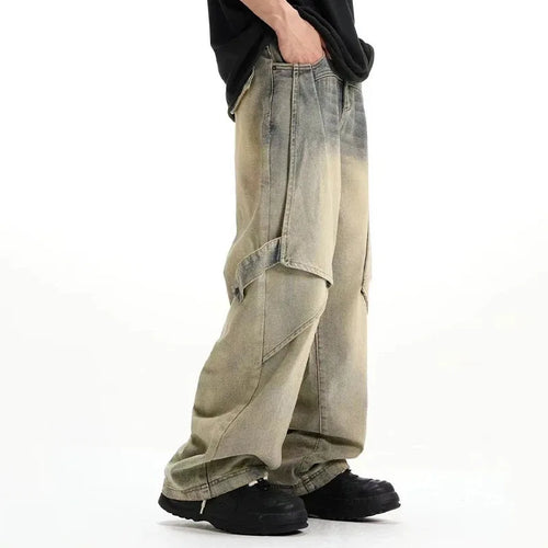 Load image into Gallery viewer, Men's Washed Denim Pants New Summer Loose Straight Leg Trendy Handsome American Style Patchwork Design Male Bottoms 9W1738
