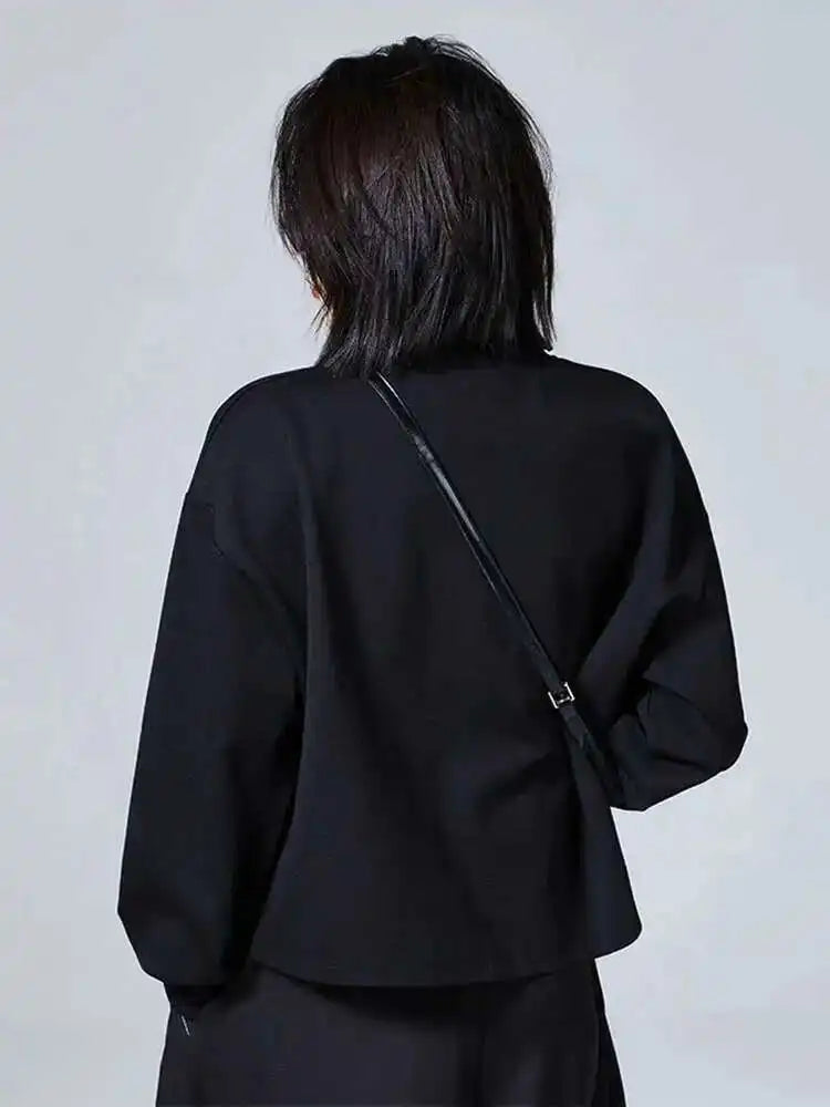 Women Black Topstitched Big Size Irregular T-shirt New Round Neck Long Sleeve Fashion Tide Spring Autumn 2025 1DF0629