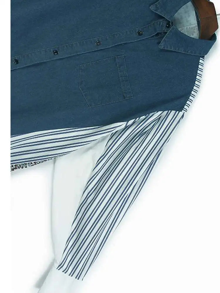 Women Blue Pattern Printed Denim Big Size Long Blouse New Lapel Long Sleeve Shirt Fashion Tide Spring Autumn 2025 1DH4876