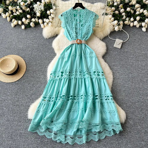 Load image into Gallery viewer, Retro French 2024 New Summer Women Solid Elegant Hollowed Out Sleeveless Long Dress Sweet Lace Patchwork Single Breasted Dresses
