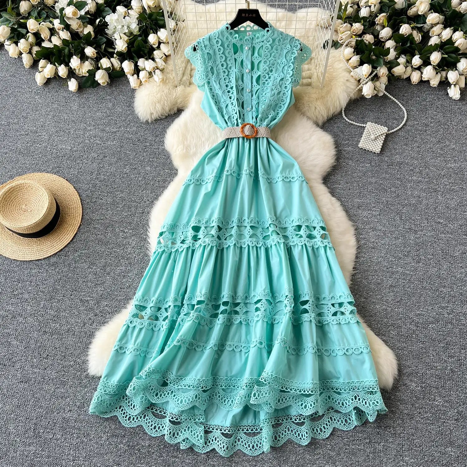 Retro French 2024 New Summer Women Solid Elegant Hollowed Out Sleeveless Long Dress Sweet Lace Patchwork Single Breasted Dresses
