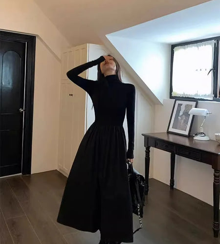 Women's New French Vintage Black Slim Temperament High-grade Temperament Knit Dress Autumn Winter Elegant Party Long Dress Trend