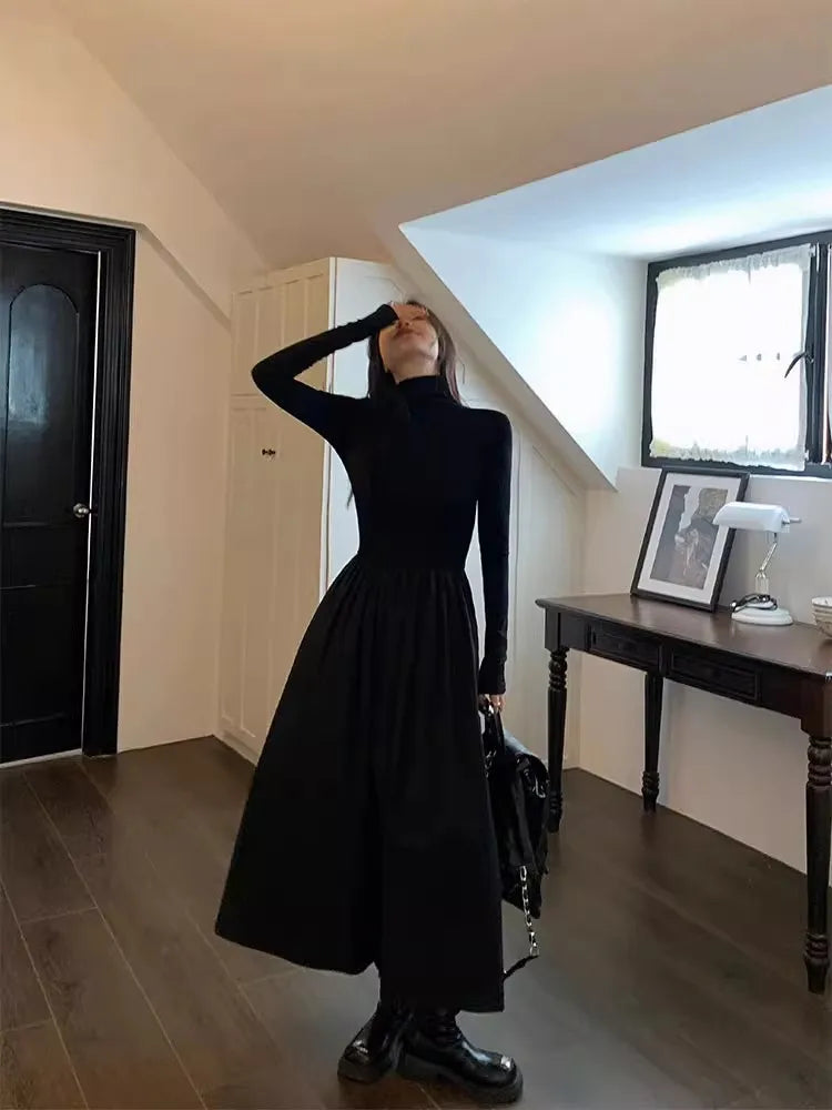 Women's New French Vintage Black Slim Temperament High-grade Temperament Knit Dress Autumn Winter Elegant Party Long Dress Trend