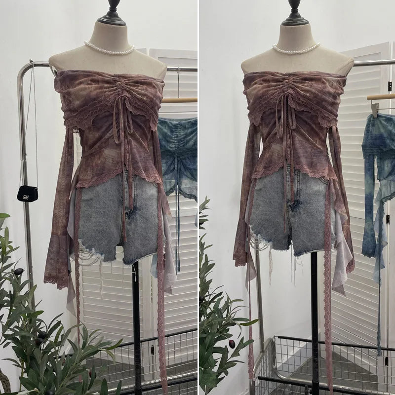 Slash Neck Tie-dye Harajuku T-shirts Streetwear Lace Patchwork Slim Fit Grunge Tops Women Y2k Aesthetic Vintage Drawstring Tees