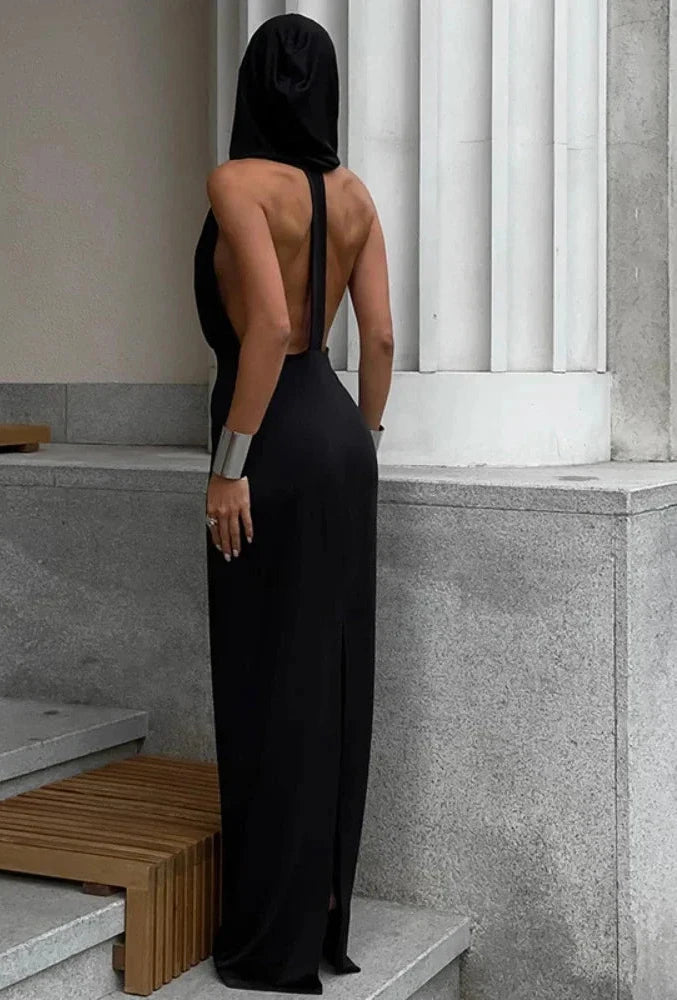 Deep V Neck Backless Hooded Long Dresses Fall 2023 Sexy Black Dress Women Elegant Party Night Club Outfits C83-CD32