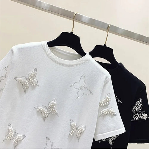 Load image into Gallery viewer, Summer O Neck Puff Short Sleeve Women T-Shirts Sweet Pearl Embroidery Female Knitted Tops Korean Chic Butterfly Beading Tees
