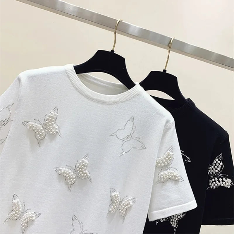 Summer O Neck Puff Short Sleeve Women T-Shirts Sweet Pearl Embroidery Female Knitted Tops Korean Chic Butterfly Beading Tees