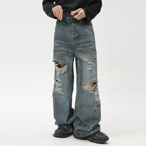 Load image into Gallery viewer, High Street Worn-out Male Denim Pants Straight Loose Men Jeans Washed Hole Design Hip Hop Zipper Men Clothing 9C6087
