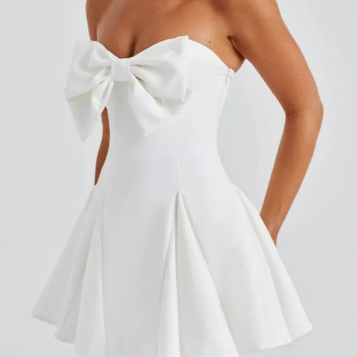 Load image into Gallery viewer, Bow Strapless Backless Sexy Mini Dress For Women Robe Fashion Solid Off-shoulder Sleeveless A-line Club Dress Vestido
