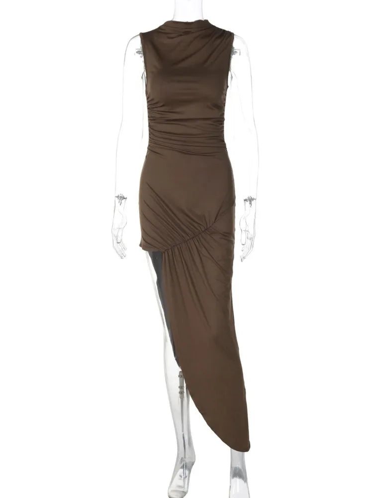 Summer Ruched Split Maxi Dress Women Gown Fashion Solid O Neck Sleeveless High Waist Tank Dress 2025 New Dresses