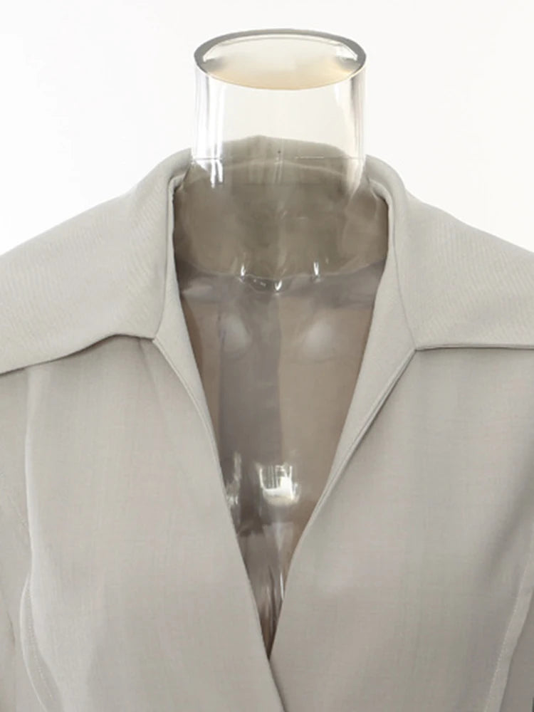 Women Gray Belted Pocket Elegant Big Size Blazer New V-neck Long Sleeve Jacket Fashion Tide Spring Autumn 2025 1DH7640