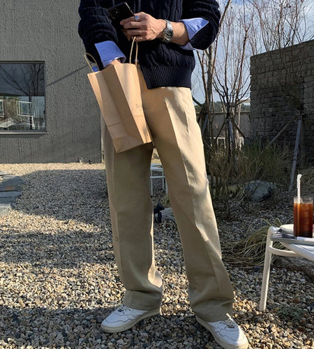 Men's Suit Pants Pleated Design Solid Color Korean Style Casual Trousers Straight Wide Leg Loose Male Bottom Simple 9W1230