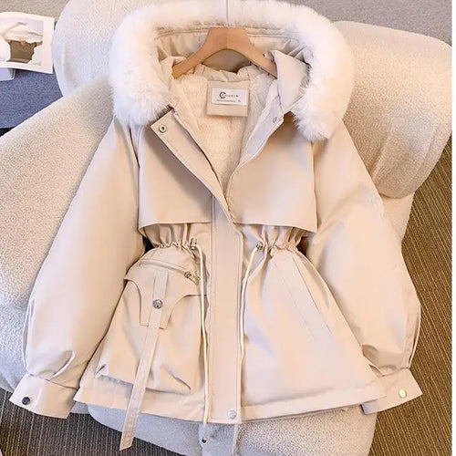 Load image into Gallery viewer, Winter Women's Solid Big Hairy Collar Hooded Velvet Parka 2024 Korean Version Ladies Oversize Warm Cardigans Down Cotton Jacket
